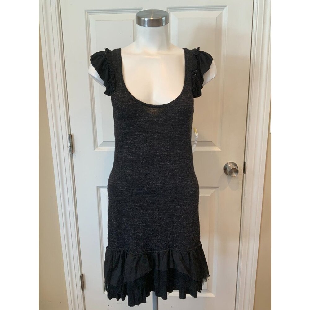 Free People Black Racerback Dress W/ Ruffle/Beaded Detail, Size Small